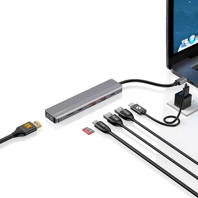 Powerology 6-in-1 Slim 4K HDMI USB-C Hub - وصلة تايب سي - 6 في 1 - متعددة الاستعمالات - لاجهزة الايباد برو - والماكو بوك واللاب توبات - كفالة 24 شهر