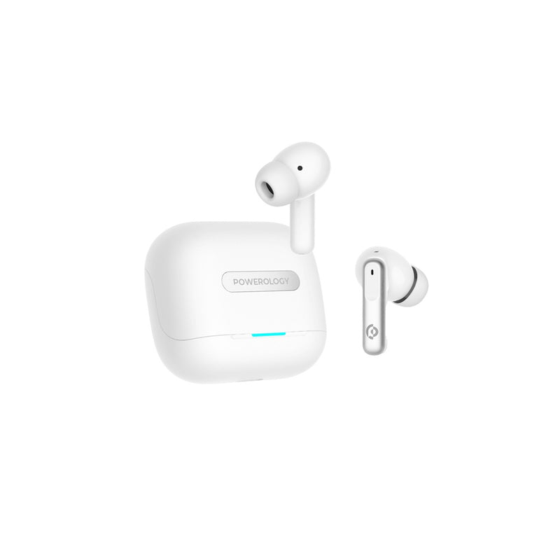 Powerology 6 Mic Hybrid ANC + ENC True Wireless Buds - White - سماعة باورولوجي - بلوتوث - خاصيه عزل الضوضاء - تدعم التحكم باللمس - كفالة 24 شهر