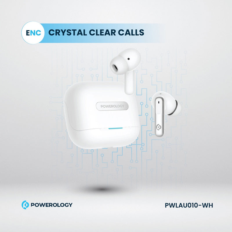 Powerology 6 Mic Hybrid ANC + ENC True Wireless Buds - White - سماعة باورولوجي - بلوتوث - خاصيه عزل الضوضاء - تدعم التحكم باللمس - كفالة 24 شهر