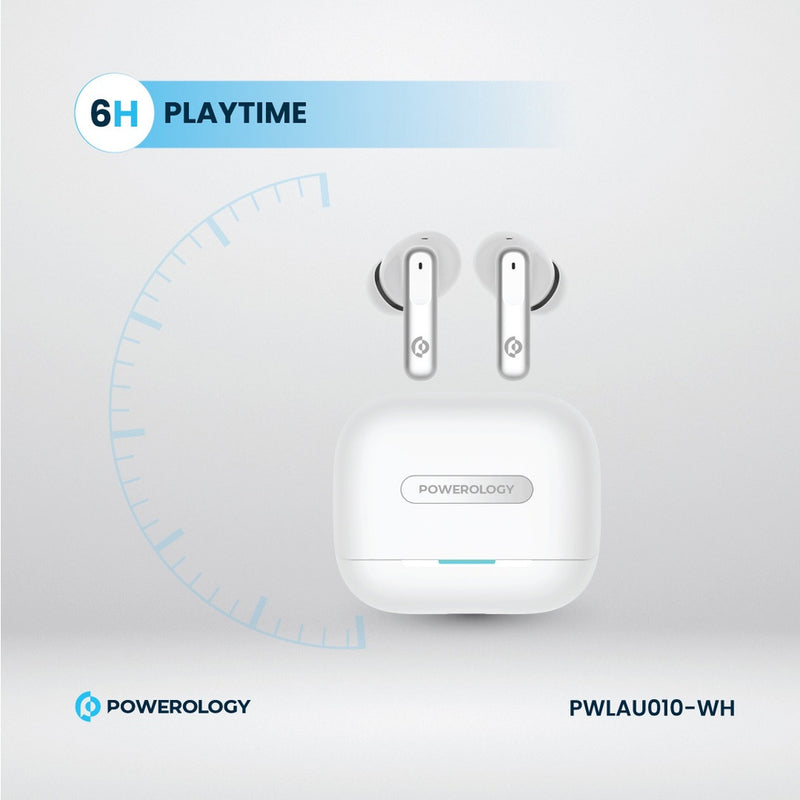 Powerology 6 Mic Hybrid ANC + ENC True Wireless Buds - White - سماعة باورولوجي - بلوتوث - خاصيه عزل الضوضاء - تدعم التحكم باللمس - كفالة 24 شهر