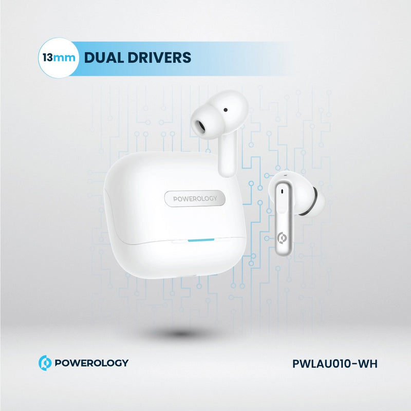Powerology 6 Mic Hybrid ANC + ENC True Wireless Buds - White - سماعة باورولوجي - بلوتوث - خاصيه عزل الضوضاء - تدعم التحكم باللمس - كفالة 24 شهر