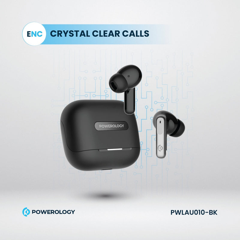 Powerology 6 Mic Hybrid ANC + ENC True Wireless Buds - Black - سماعة باورولوجي - بلوتوث - خاصيه عزل الضوضاء - تدعم التحكم باللمس - كفالة 24 شهر