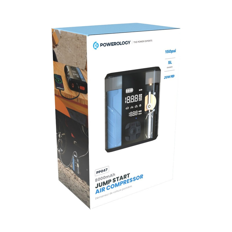 Powerology 8800mAh Jump Start Air Compressor - Transparent - ضاغط هواء + محول طاقة لبطارية السيارة - 2 في 1 - باورولوجي - بطارية بسعة 8800 ميللي امبير - قوة 32.5 واط - كفالة 12 شهر