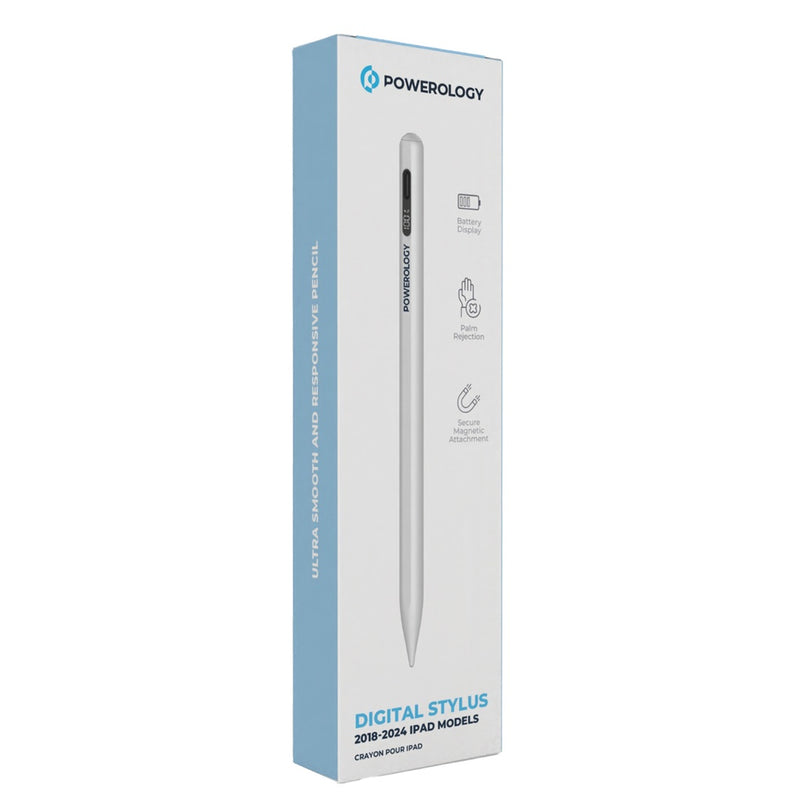 Powerology Digital Stylus 2018-2024 iPad Models – White - قلم الكتروني - لأجهزة ايباد برو وميني 6 ( 2018 / 2024 ) وايباد اير 4 / 5 - باورولوجي - كفالة 24 شهر