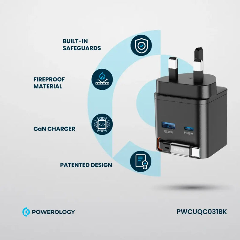 Powerology Dual Port | Retractable GaN Charger - Black - بلاك حائط شحن - 2 فتحتين للشحن السريع - 1 فتحة تايب سي + 1 فتحة يو اس بي - قوة 65 واط  مع كيبل تايب سي - كفالة 24 شهر