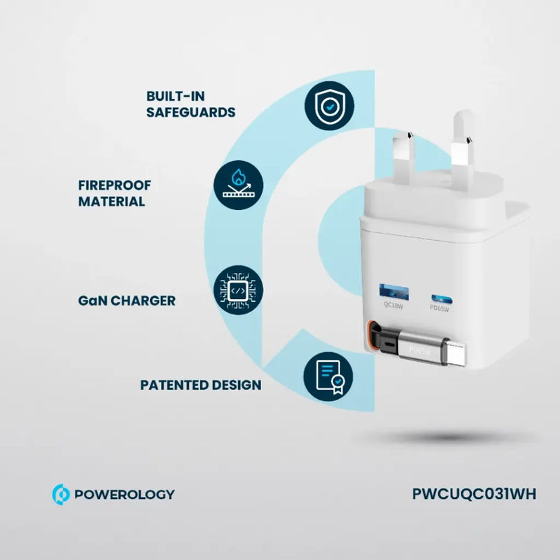 Powerology Dual Port | Retractable GaN Charger - White - بلاك حائط شحن - 2 فتحتين للشحن السريع - 1 فتحة تايب سي + 1 فتحة يو اس بي - قوة 65 واط  مع كيبل تايب سي - كفالة 24 شهر