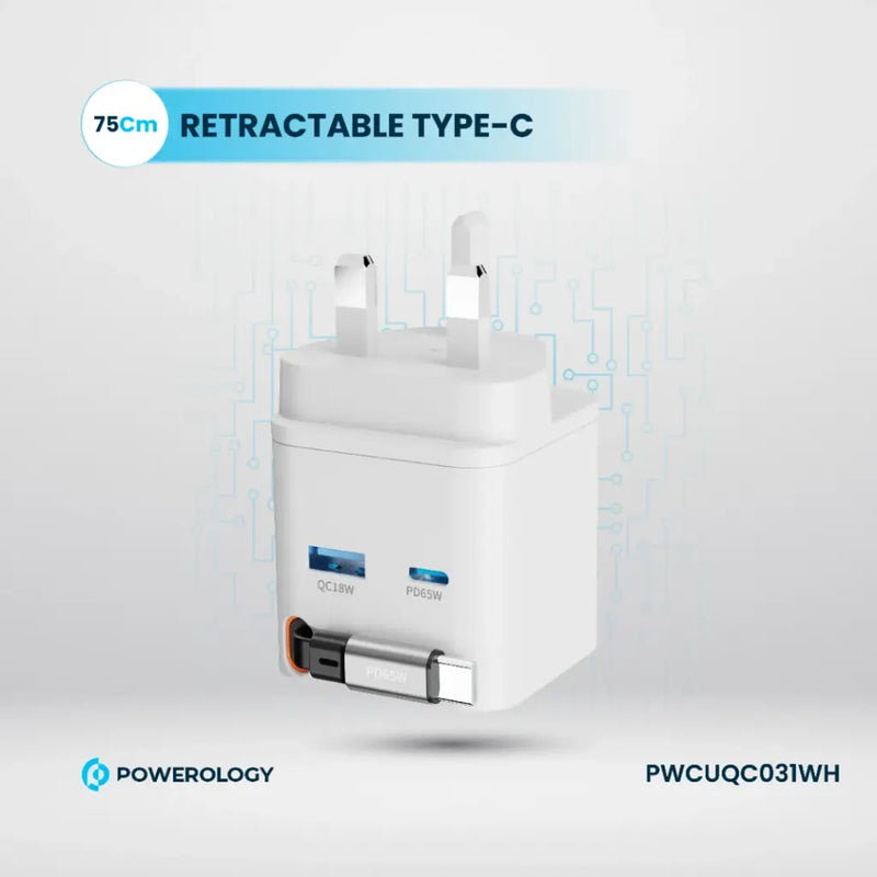 Powerology Dual Port | Retractable GaN Charger - White - بلاك حائط شحن - 2 فتحتين للشحن السريع - 1 فتحة تايب سي + 1 فتحة يو اس بي - قوة 65 واط  مع كيبل تايب سي - كفالة 24 شهر