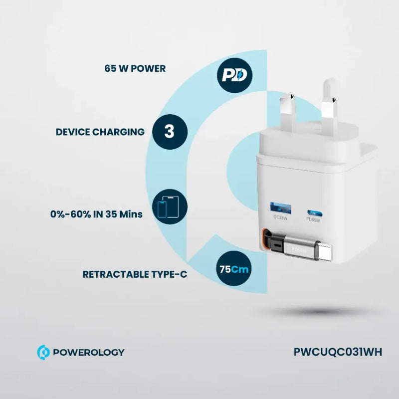 Powerology Dual Port | Retractable GaN Charger - White - بلاك حائط شحن - 2 فتحتين للشحن السريع - 1 فتحة تايب سي + 1 فتحة يو اس بي - قوة 65 واط  مع كيبل تايب سي - كفالة 24 شهر