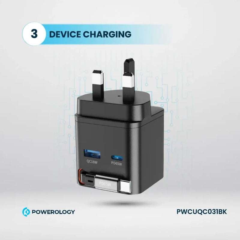 Powerology Dual Port | Retractable GaN Charger - Black - بلاك حائط شحن - 2 فتحتين للشحن السريع - 1 فتحة تايب سي + 1 فتحة يو اس بي - قوة 65 واط  مع كيبل تايب سي - كفالة 24 شهر