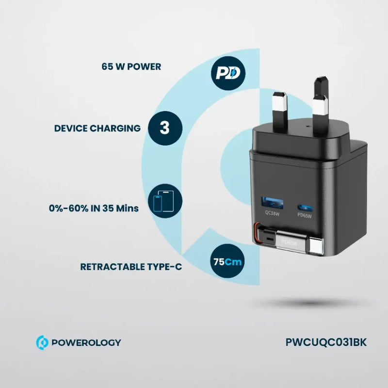 Powerology Dual Port | Retractable GaN Charger - Black - بلاك حائط شحن - 2 فتحتين للشحن السريع - 1 فتحة تايب سي + 1 فتحة يو اس بي - قوة 65 واط  مع كيبل تايب سي - كفالة 24 شهر