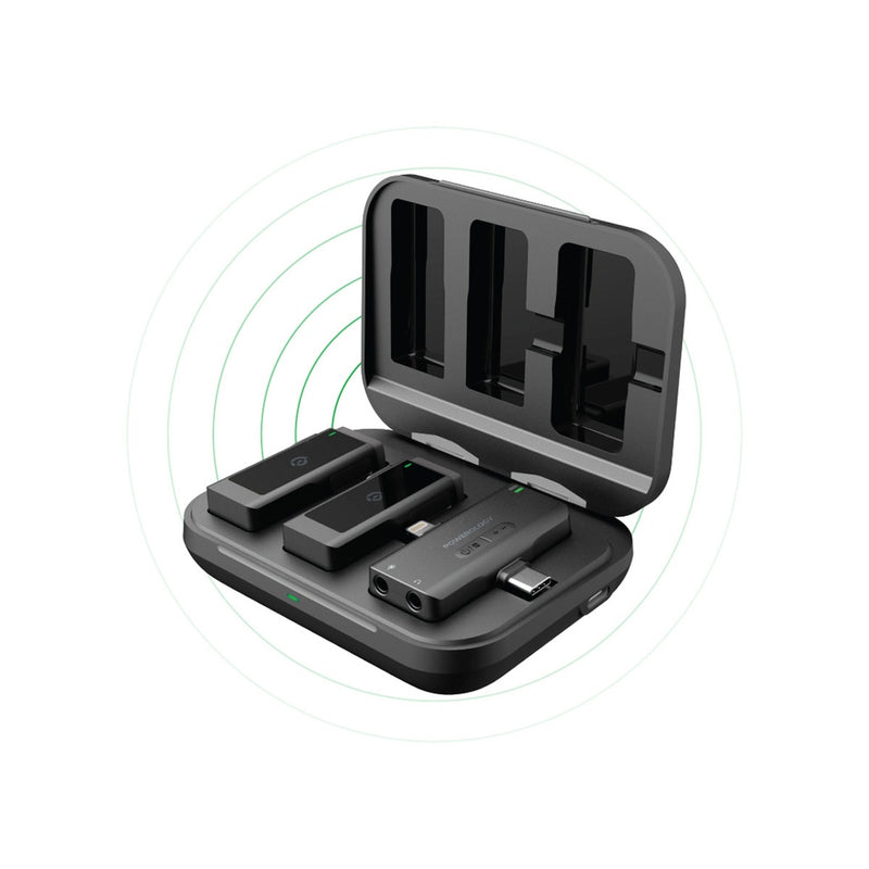 Powerology MFI Dual Connector Wireless Lavalier Microphone x2 Mic 2000mAh - Black [O] - ميكروفون - تصوير - عدد 2 ميكروفون - فتحة شحن أيفون + فتحة شحن تايب سي - باورولوجي - معتمد من أبل - كفالة 24 شهر