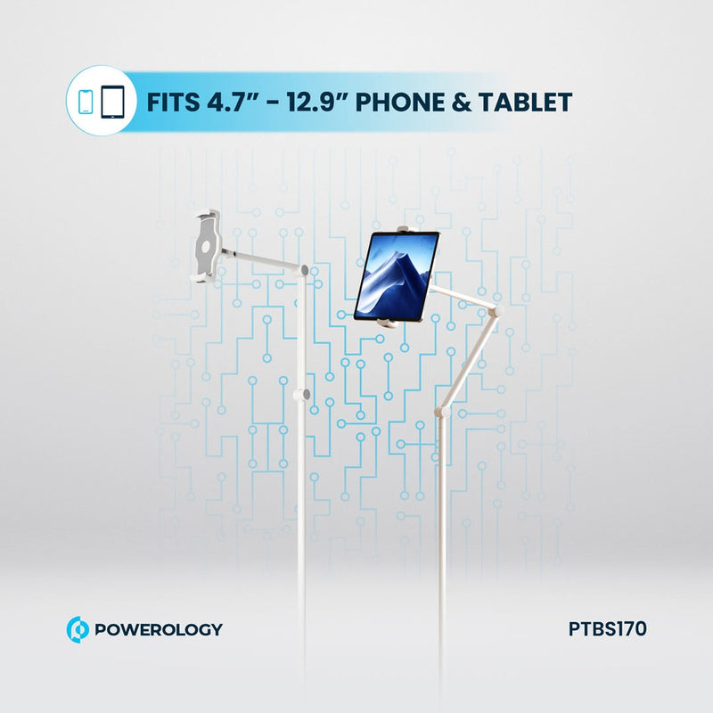 Powerology Multi-Joint Floor Stand Metal Base Phone & Tablet - White [O] - ستاند - لجميع انواع الايباد والاجهزة اللوحية والهواتف - متعدد الاوضاع - باورولوجي