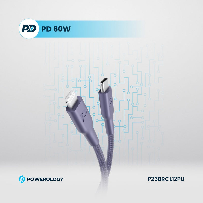 Powerology New Braided Type-C to Lightning Cable 1.2M PD 60W - Purple - سلك شحن ايفون - تايب سي - باورولوجي - 1.2 متر - كفالة 24 شهر