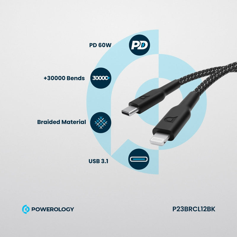 Powerology New Braided Type-C to Lightning Cable 1.2M PD 60W - Black - سلك شحن ايفون - تايب سي - باورولوجي - 1.2 متر - كفالة 24 شهر