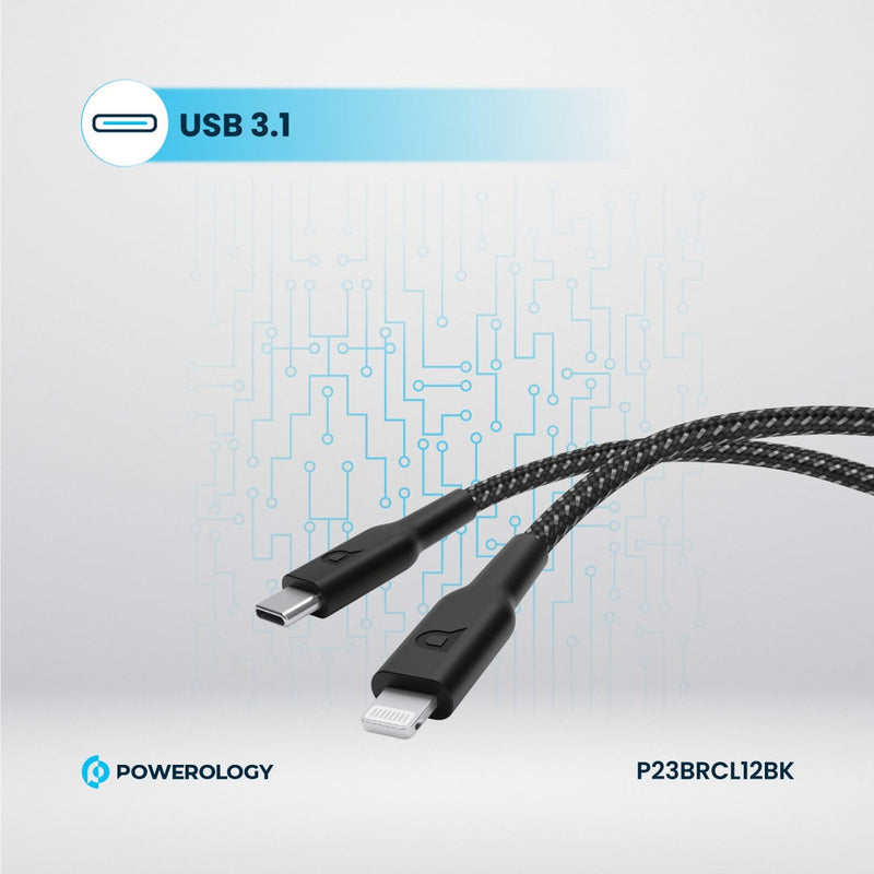 Powerology New Braided Type-C to Lightning Cable 1.2M PD 60W - Black - سلك شحن ايفون - تايب سي - باورولوجي - 1.2 متر - كفالة 24 شهر