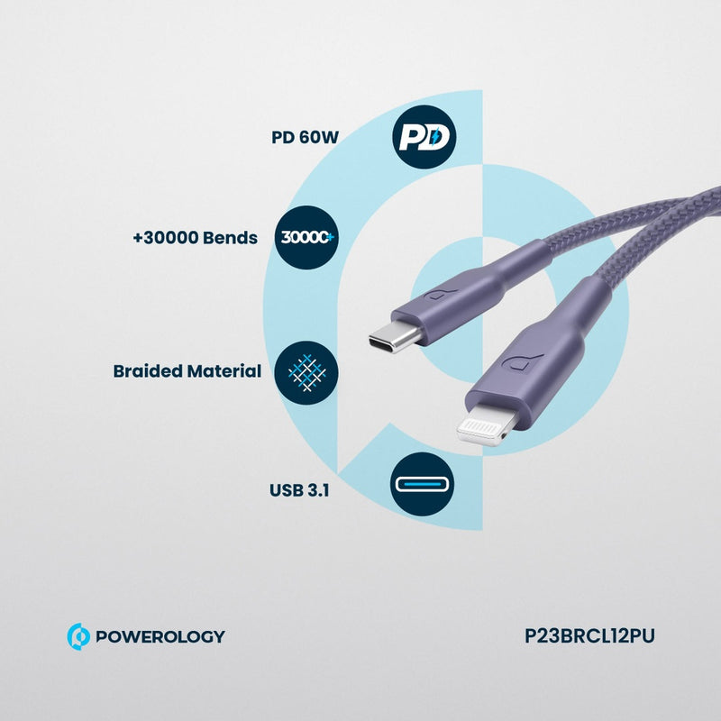 Powerology New Braided Type-C to Lightning Cable 1.2M PD 60W - Purple - سلك شحن ايفون - تايب سي - باورولوجي - 1.2 متر - كفالة 24 شهر