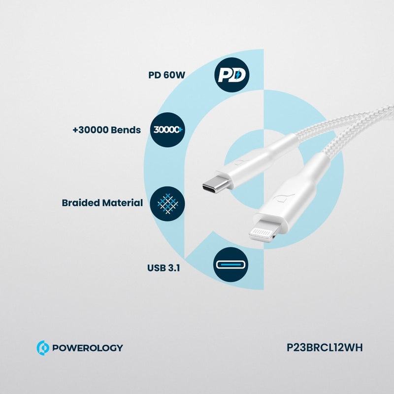 Powerology New Braided Type-C to Lightning Cable 1.2M PD 60W - White - سلك شحن ايفون - تايب سي - باورولوجي - 1.2 متر - كفالة 24 شهر