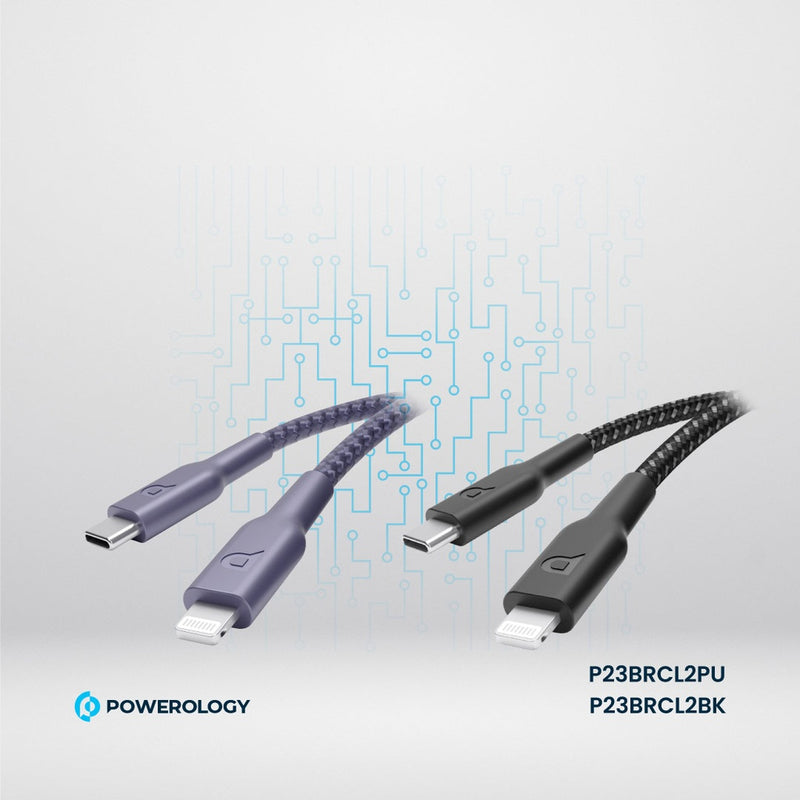 Powerology New Braided Type-C to Lightning Cable 2M PD 60W - Black [O] - سلك شحن ايفون - تايب سي - باورولوجي - 2 متر - كفالة 24 شهر