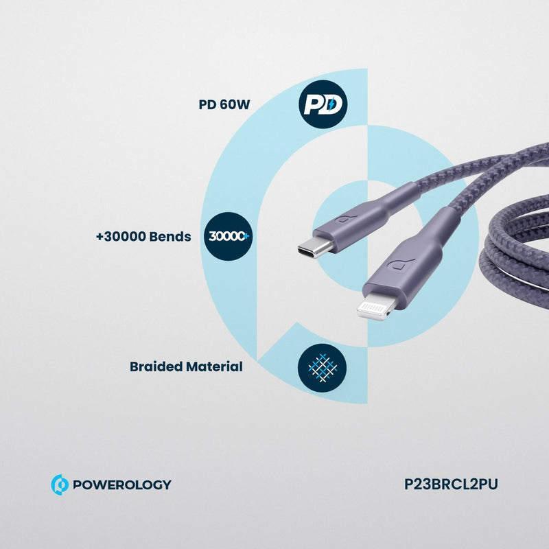 Powerology New Braided Type-C to Lightning Cable 2M PD 60W - Purple [O] - سلك شحن ايفون - تايب سي - باورولوجي - 2 متر - كفالة 24 شهر