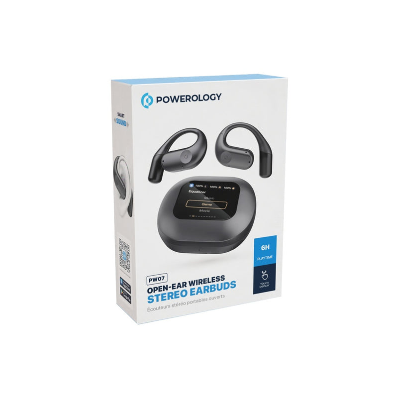 Powerology Air Conduction ENC TWS Earbuds and Charging Case with Display 60mAh - Black   سماعة اذن رياضيه - بلوتوث - باورولجي - شاشة تعمل باللمس تسمح لك بتغيير الأغاني  - كفالة 18 شهر