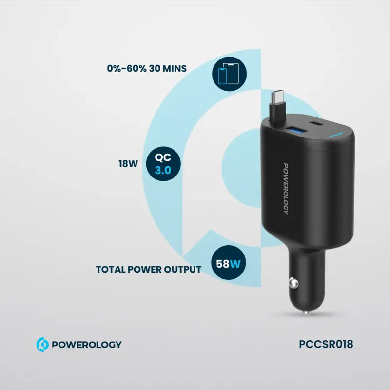 Powerology Type-C Retractable Car Charger 70W - Black [O] - شاحن ولاعة مع كيبل تايب سي مدمج - باورولوجي  - منفذ يو اس بي + تايب سي - قوة 70 واط - كفالة 12 شهر