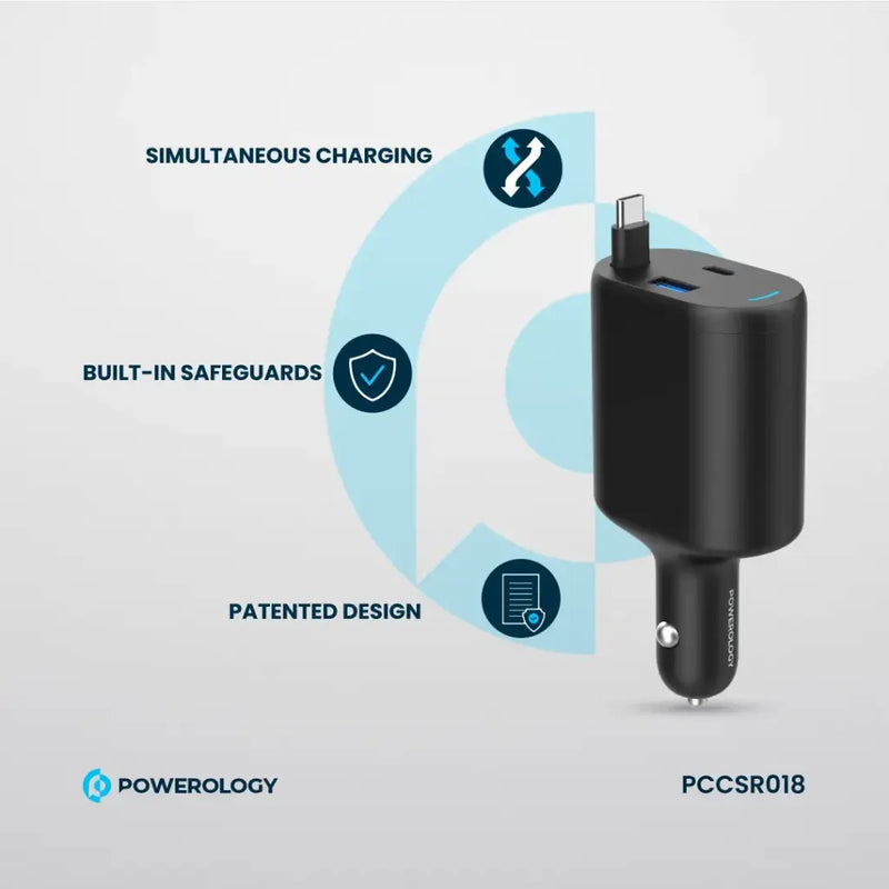 Powerology Type-C Retractable Car Charger 70W - Black [O] - شاحن ولاعة مع كيبل تايب سي مدمج - باورولوجي  - منفذ يو اس بي + تايب سي - قوة 70 واط - كفالة 12 شهر