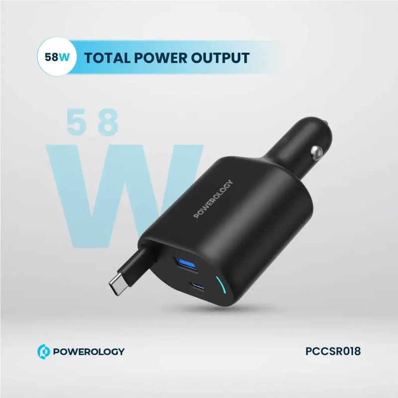 Powerology Type-C Retractable Car Charger 70W - Black [O] - شاحن ولاعة مع كيبل تايب سي مدمج - باورولوجي  - منفذ يو اس بي + تايب سي - قوة 70 واط - كفالة 12 شهر