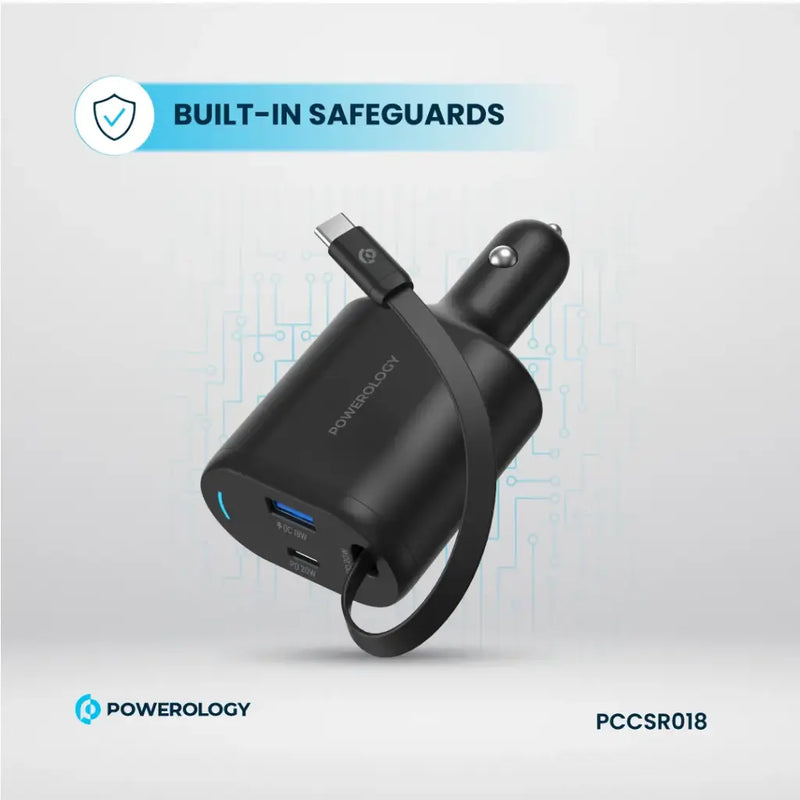 Powerology Type-C Retractable Car Charger 70W - Black [O] - شاحن ولاعة مع كيبل تايب سي مدمج - باورولوجي  - منفذ يو اس بي + تايب سي - قوة 70 واط - كفالة 12 شهر