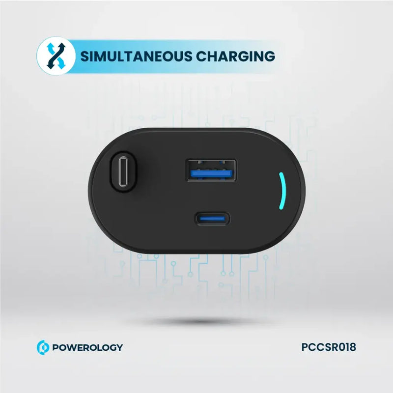 Powerology Type-C Retractable Car Charger 70W - Black [O] - شاحن ولاعة مع كيبل تايب سي مدمج - باورولوجي  - منفذ يو اس بي + تايب سي - قوة 70 واط - كفالة 12 شهر