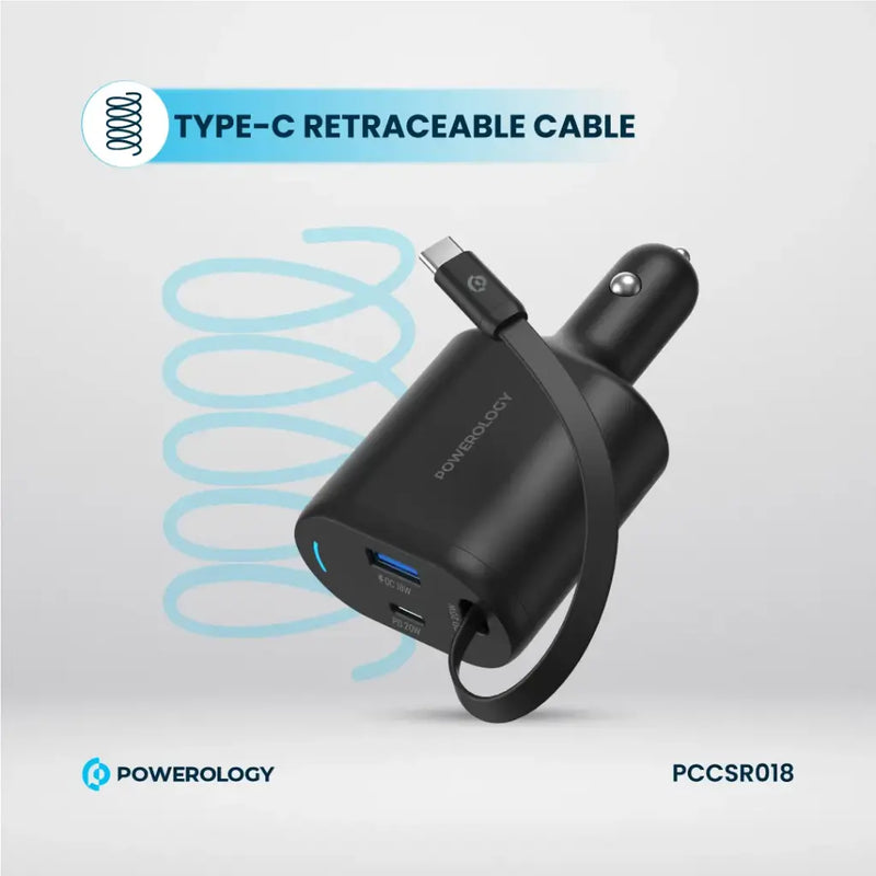 Powerology Type-C Retractable Car Charger 70W - Black [O] - شاحن ولاعة مع كيبل تايب سي مدمج - باورولوجي  - منفذ يو اس بي + تايب سي - قوة 70 واط - كفالة 12 شهر