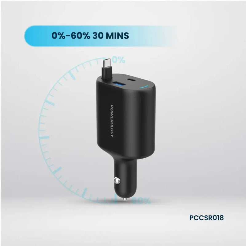 Powerology Type-C Retractable Car Charger 70W - Black [O] - شاحن ولاعة مع كيبل تايب سي مدمج - باورولوجي  - منفذ يو اس بي + تايب سي - قوة 70 واط - كفالة 12 شهر