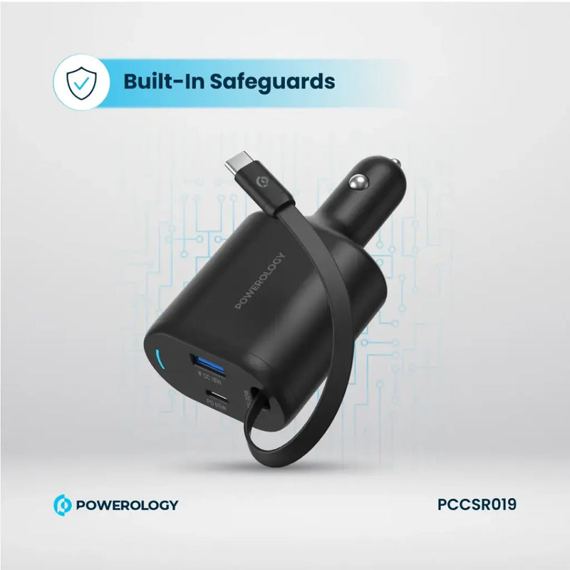 Powerology Type-C Retractable Car Charger 115W - Black [O] - شاحن ولاعة مع كيبل تايب سي مدمج - باورولوجي  - منفذ يو اس بي + تايب سي - قوة 115 واط - كفالة 12 شهر