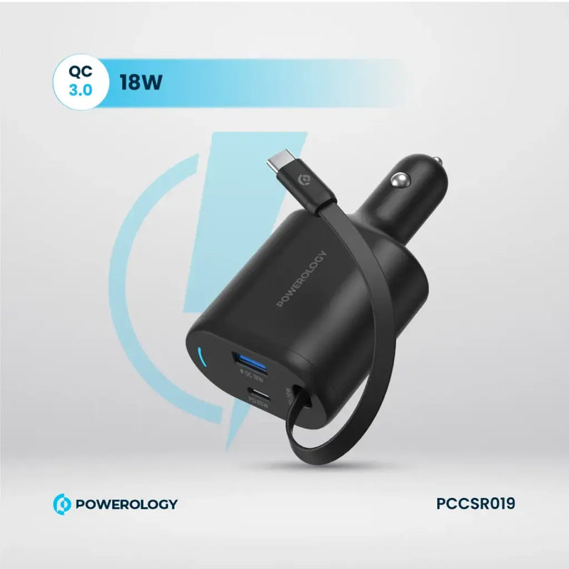 Powerology Type-C Retractable Car Charger 115W - Black [O] - شاحن ولاعة مع كيبل تايب سي مدمج - باورولوجي  - منفذ يو اس بي + تايب سي - قوة 115 واط - كفالة 12 شهر