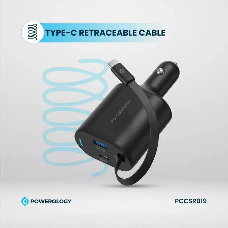 Powerology Type-C Retractable Car Charger 115W - Black [O] - شاحن ولاعة مع كيبل تايب سي مدمج - باورولوجي  - منفذ يو اس بي + تايب سي - قوة 115 واط - كفالة 12 شهر