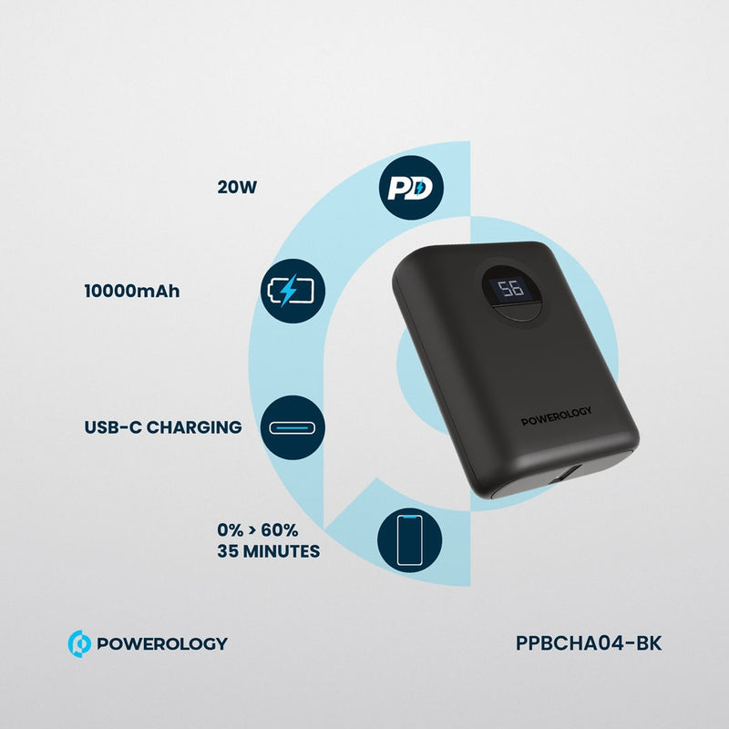 Powerology Ultra-Compact 10000 mAh Fast Charging Power Bank Black [O] - بطارية متنقلة سعة 10 الف - شاشة رقمية - قوة 20 واط - باورولوجي - كفالة 24 شهر