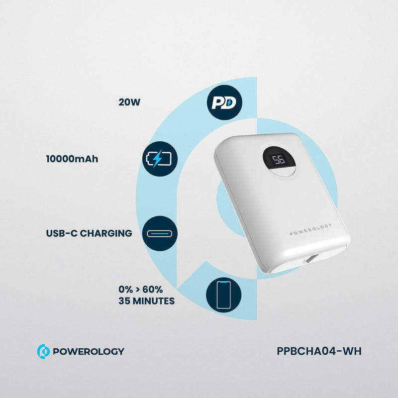 Powerology Ultra-Compact 10000 mAh Fast Charging Power Bank White [O] - بطارية متنقلة سعة 10 الف - شاشة رقمية - قوة 20 واط - باورولوجي - كفالة 24 شهر