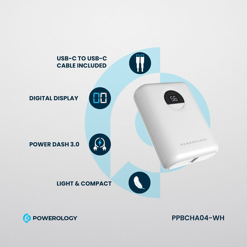 Powerology Ultra-Compact 10000 mAh Fast Charging Power Bank White [O] - بطارية متنقلة سعة 10 الف - شاشة رقمية - قوة 20 واط - باورولوجي - كفالة 24 شهر