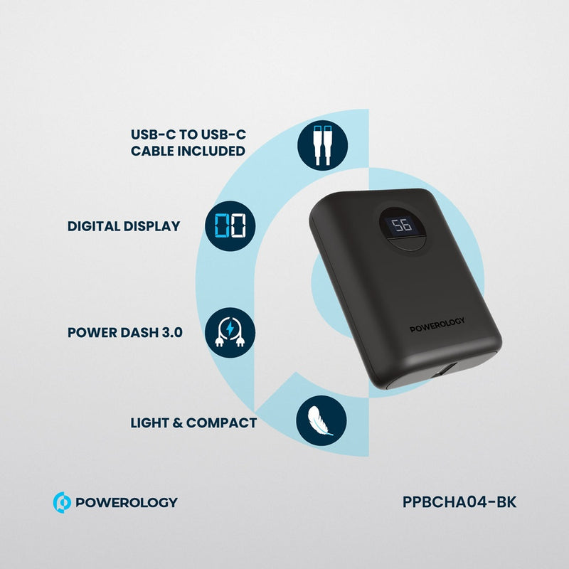 Powerology Ultra-Compact 10000 mAh Fast Charging Power Bank Black [O] - بطارية متنقلة سعة 10 الف - شاشة رقمية - قوة 20 واط - باورولوجي - كفالة 24 شهر