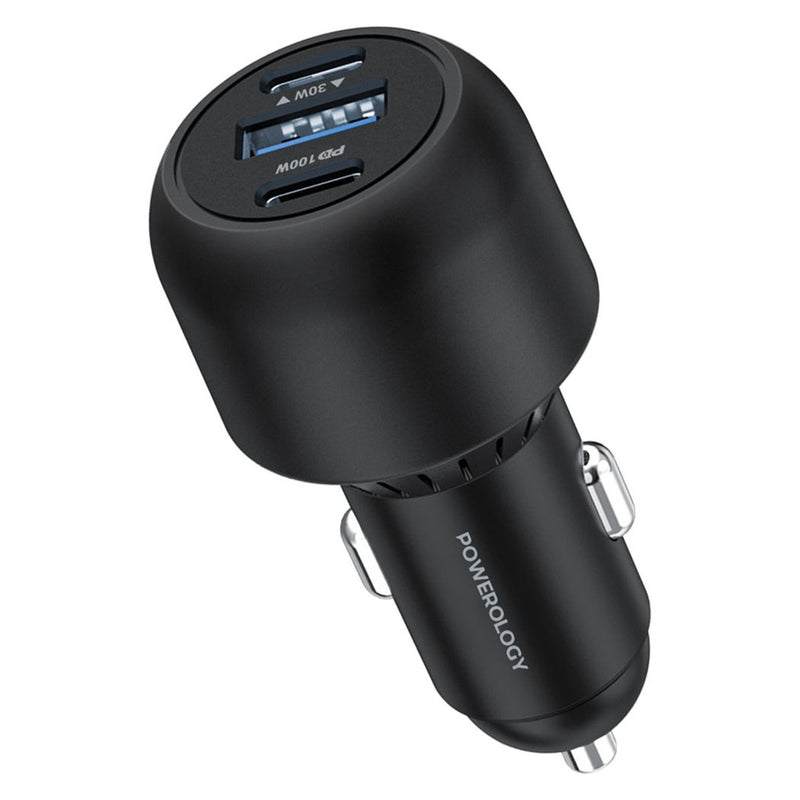 Powerology Ultra-Quick Car Charger 130W with 0.9m/3ft Type-C To Type-C Cable [O]  شاحن ولاعة مع كيبل تايب سي - بوراولجي - 1 منفذ يو اس بي + 2 تايب سي - كفالة 18 شهر