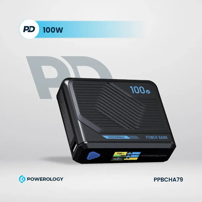 Powerology Ultra Mini 20000mAh Power Bank - Black [O] - بطارية متنقلة - باورولجي - سعة 20 آلاف ملي امبير - شاشه ديجيتال رقميه - قوة 100 واط - شحن لاسلكي بقوة 15 واط - كفالة 18 شهر