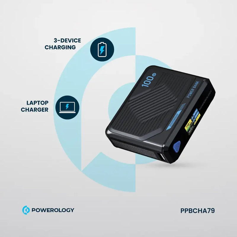 Powerology Ultra Mini 20000mAh Power Bank - Black [O] - بطارية متنقلة - باورولجي - سعة 20 آلاف ملي امبير - شاشه ديجيتال رقميه - قوة 100 واط - شحن لاسلكي بقوة 15 واط - كفالة 18 شهر