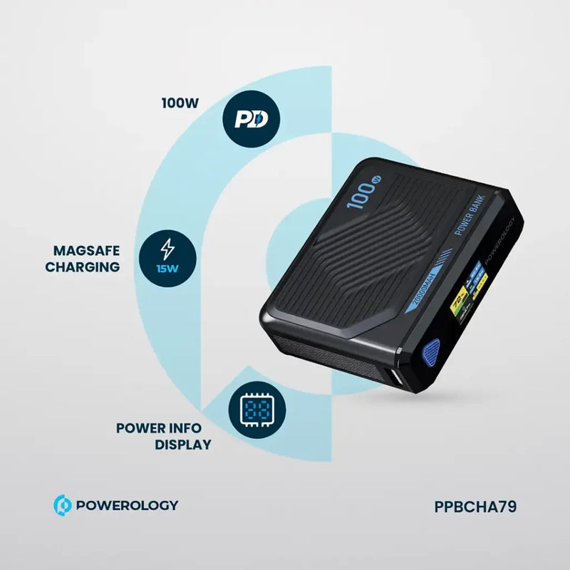 Powerology Ultra Mini 20000mAh Power Bank - Black [O] - بطارية متنقلة - باورولجي - سعة 20 آلاف ملي امبير - شاشه ديجيتال رقميه - قوة 100 واط - شحن لاسلكي بقوة 15 واط - كفالة 18 شهر