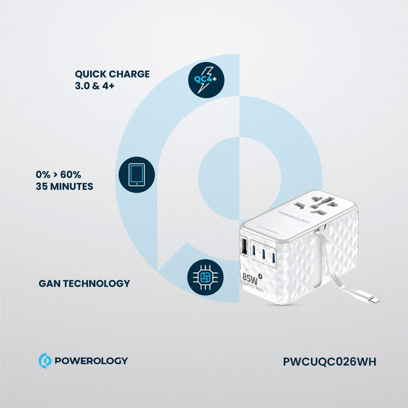 Powerology Universal GaN 85W Super Charger Retractable Type-C Cable White [O] - بلاك حائط شحن دولي - 4 فتحات للشحن - 3 فتحات تايب سي +1 فتحة يو اس بي - قوة 85 واط  مع كيبل تايب سي - كفالة 24 شهر