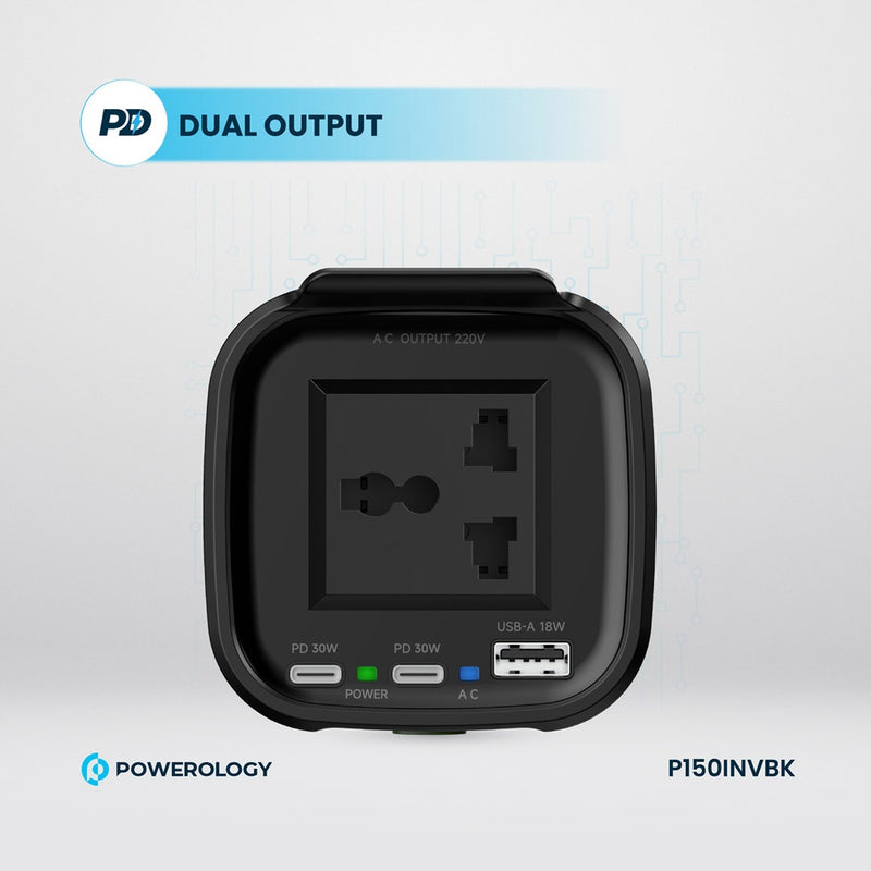 Powerology 150w Cup Holder Power Inverter - شاحن سيارة + محول طاقة - 2 في 1 - 1 منفذ كهرباء 12 فولت - 1 منفذ يو اس بي - 2 منفذين تايب سي - قوة 150 واط - كفالة 24 شهر