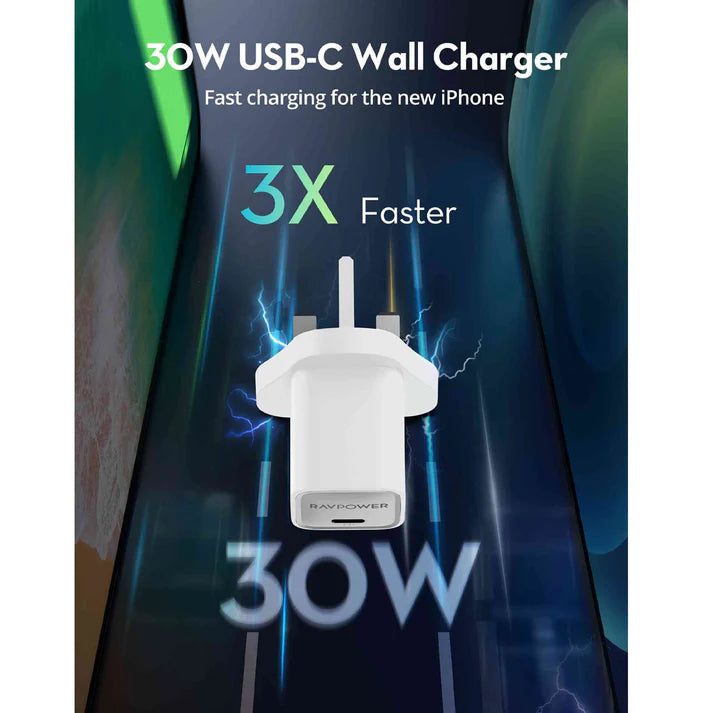 RAVPower Mini - PD30W - GaN Type C Charger - White - شاحن حائط تايب سي - راف باور - قوة 30 واط - كفالة 12 شهر