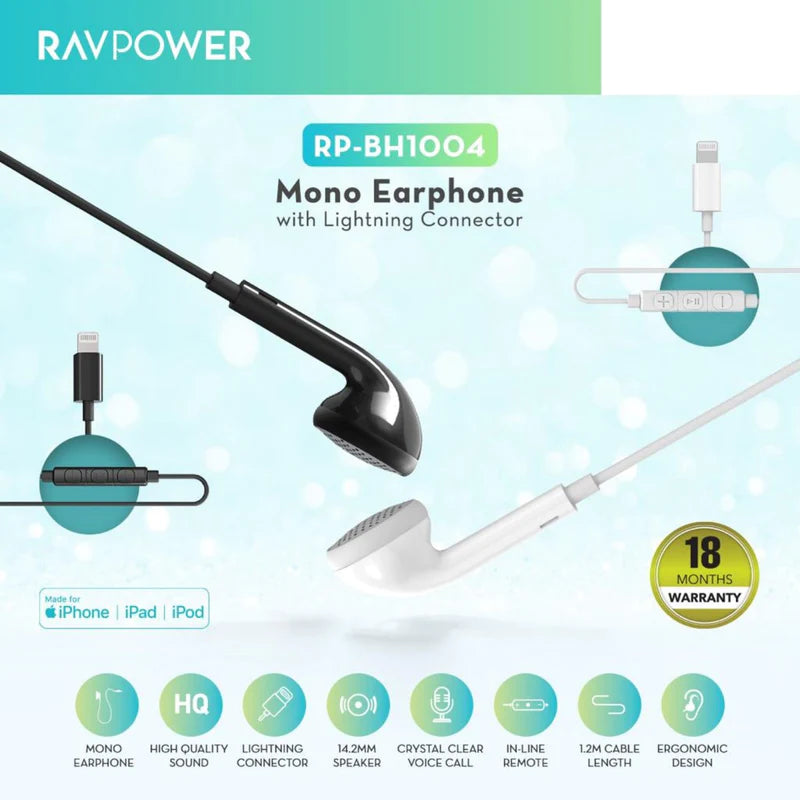 RavPower Mono Earphone With Lightning Connector RP-BH1004 – Black - سماعة اذن - مع مايكروفون - أيفون - فردة احادية - كفالة 12 شهر- سماعة اذن - مع مايكروفون - أيفون - فردة احادية - كفالة 12 شهر
