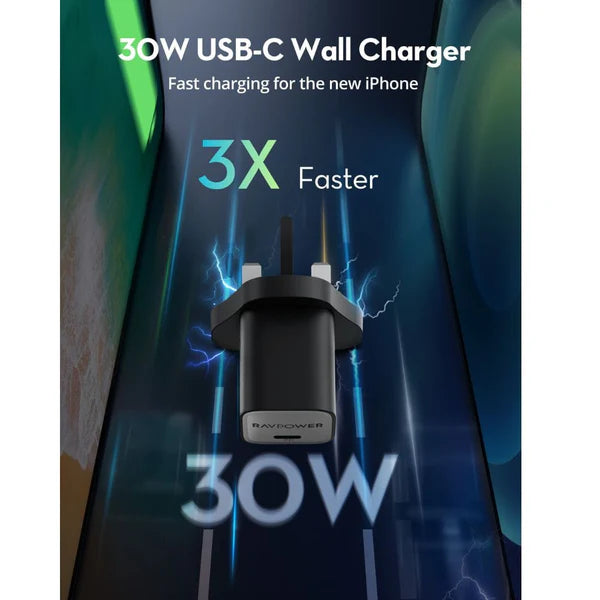 RAVPower Mini - PD30W - GaN Type C Charger - Black - شاحن حائط تايب سي - راف باور - قوة 30 واط - كفالة 12 شهر