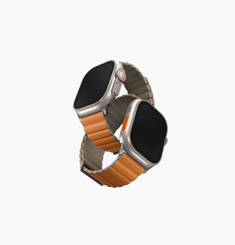 Uniq Revix Premium Edition Reversible Magnetic Leather Strap for Apple Watch - Saffron Orange / Khaki - سير ساعة ابل - لونين