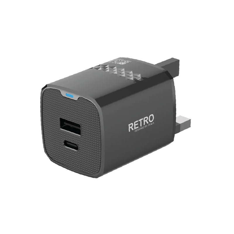 Retro 25W PD+QC UK Charger - بلاك شاحن حائط + منفذين للشحن السريع - 25 واط - باوا - كفالة 12 شهر