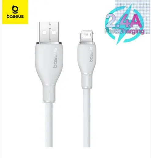 Baseus Pudding Series Fast Charging Cable USB to iPhone 14, 13, 12, 11, (2.4A 2m) White- سلك شحن ايفون - بيسوس - طول 2 سم - كفالة 12 شهر